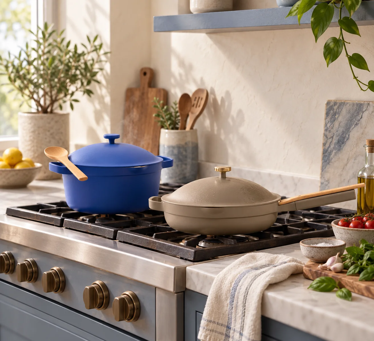 Blue pot and taupe pan in a sunlit kitchen