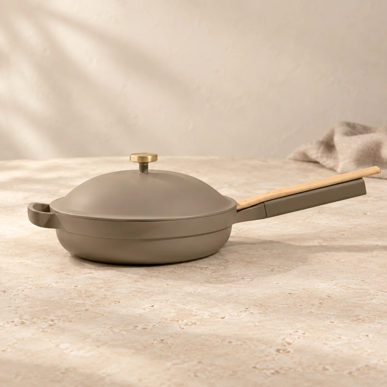 Taupe Always Pan 2.0 with lid and wood spatula